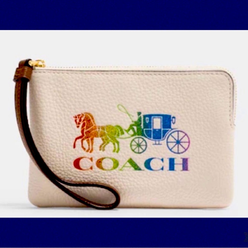 COACH‎ CORNER ZIP WRISTLET POUCH WALLET WITH RAINBOW HORSE AND CARRIAGE NWT